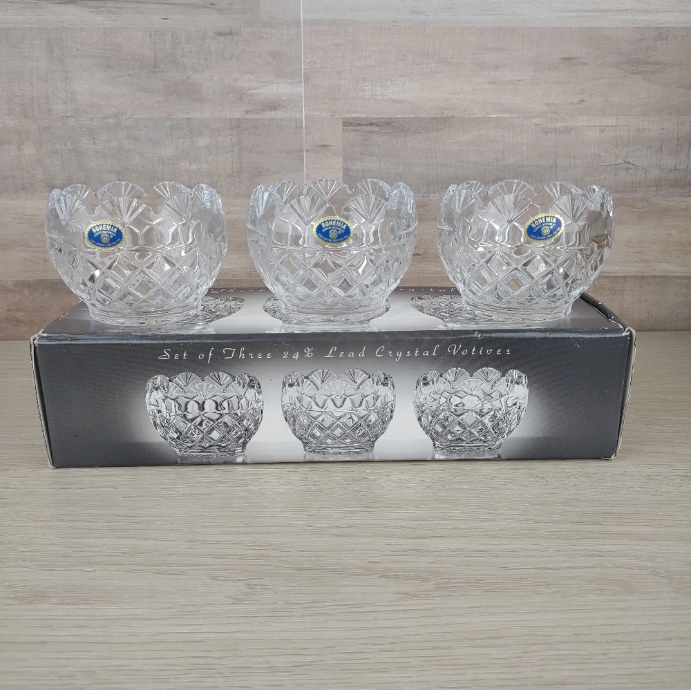 Set of Three Bohemian 24% Lead Crystal Votives  Made in Czech Republic